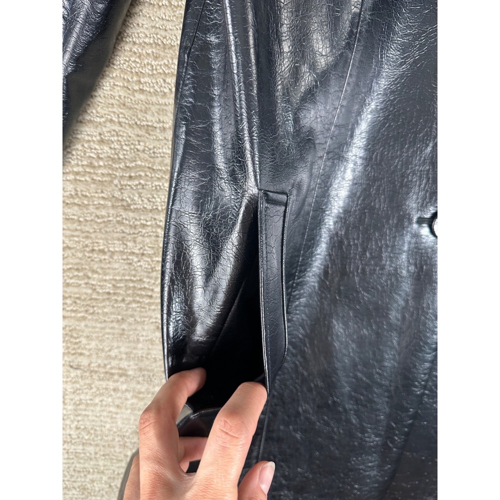 Danielle Bernstein Black Faux Leather Trench Coat Long Jacket Textured Vegan M - Picture 7 of 13